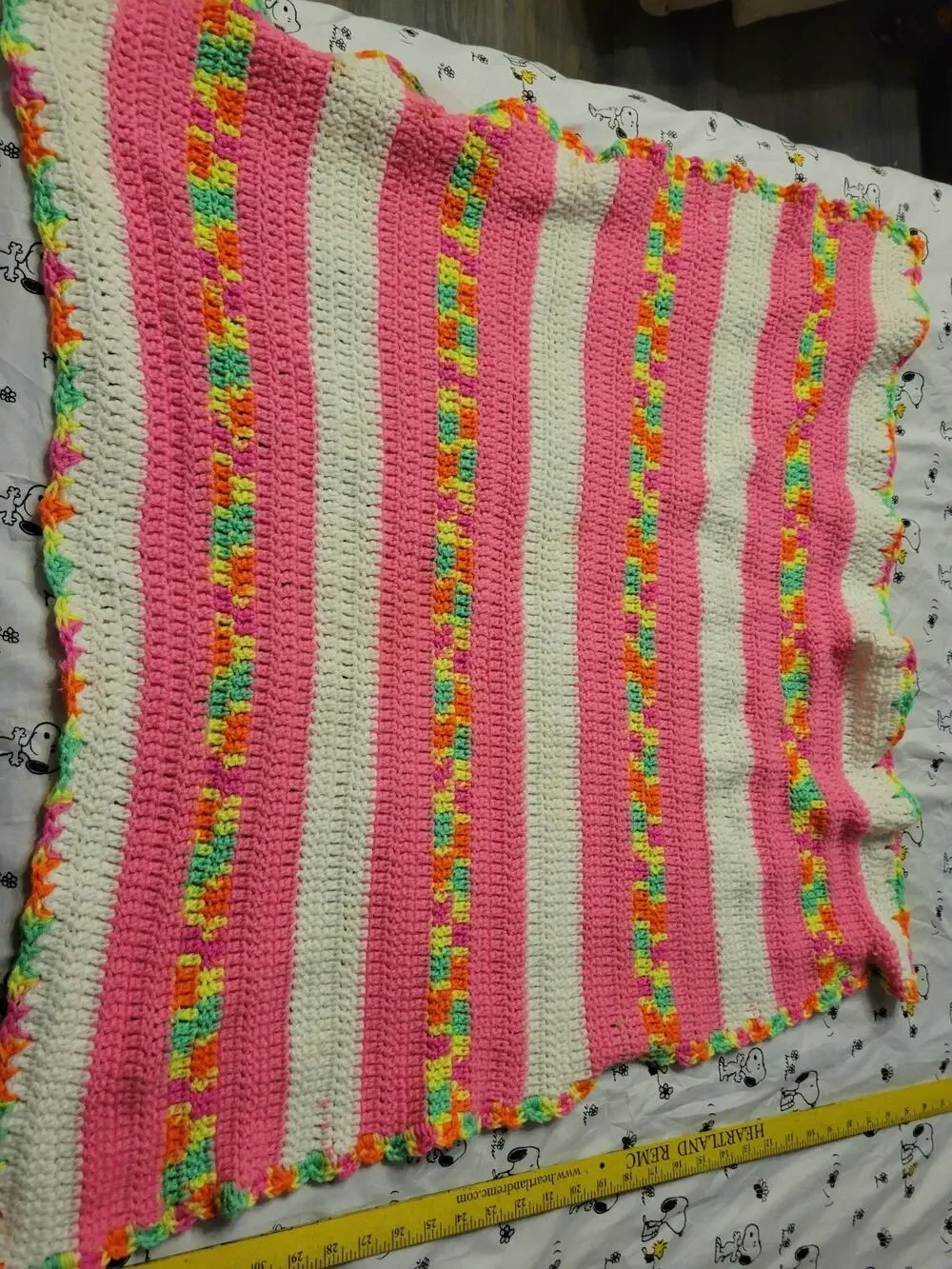 Vtg Hand-Crocheted Baby Crib Quilt Blanket Nursery Decor Swaddling Wrap Neon Pin
